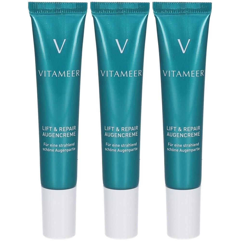 Drei Tuben VITAMEER Lift & Repair Augencreme in Türkis mit weißem Verschluss. Text auf Deutsch.