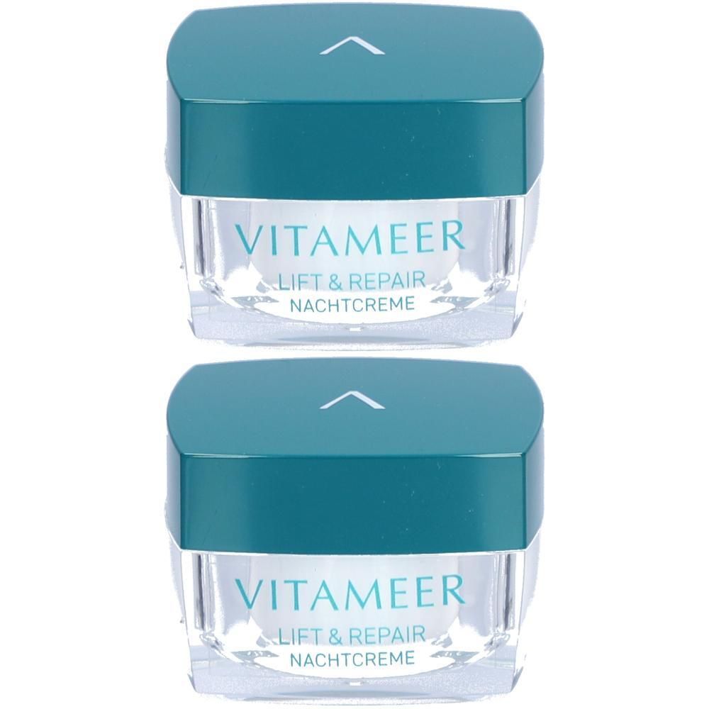 Zwei VITAMEER Lift & Repair Nachtcreme Tiegel mit klarem Glasbehälter und türkisfarbenem Deckel.