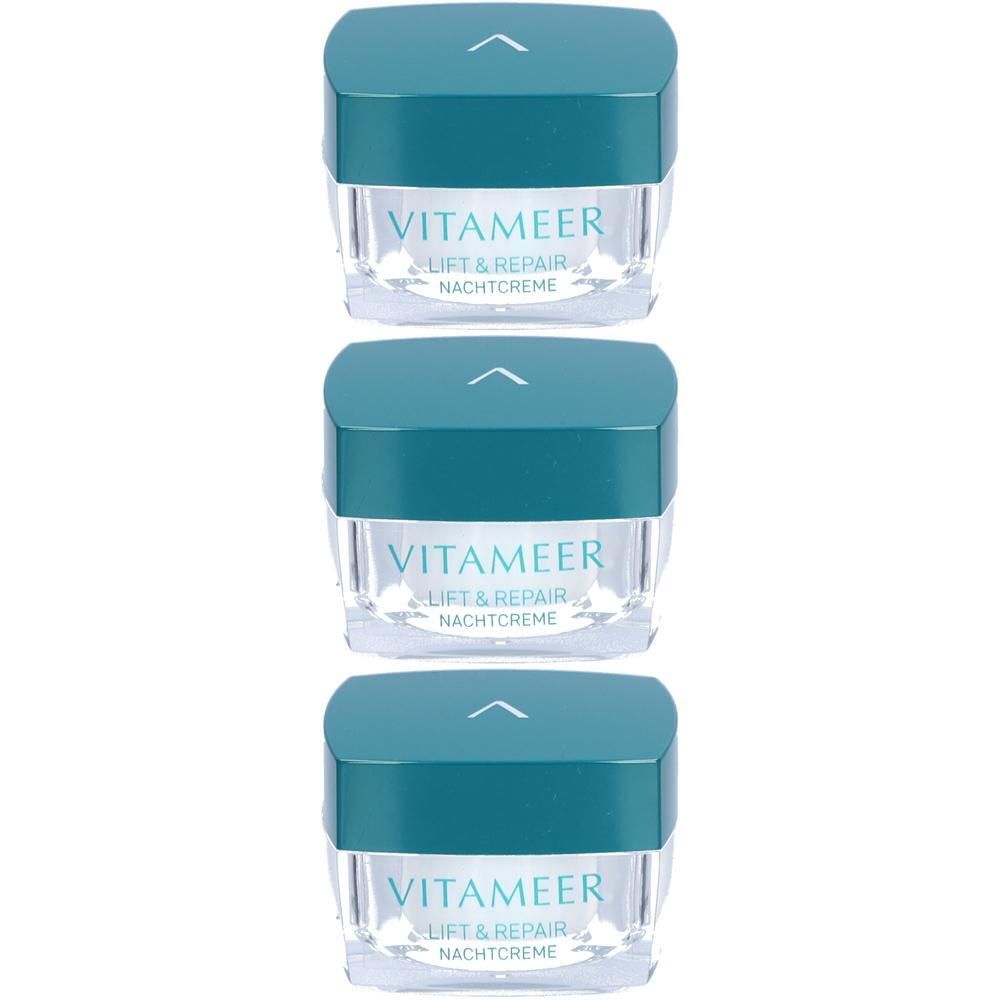 Drei VITAMEER Lift & Repair Nachtcreme Tiegel mit türkisfarbenen Deckeln und klaren Behältern.