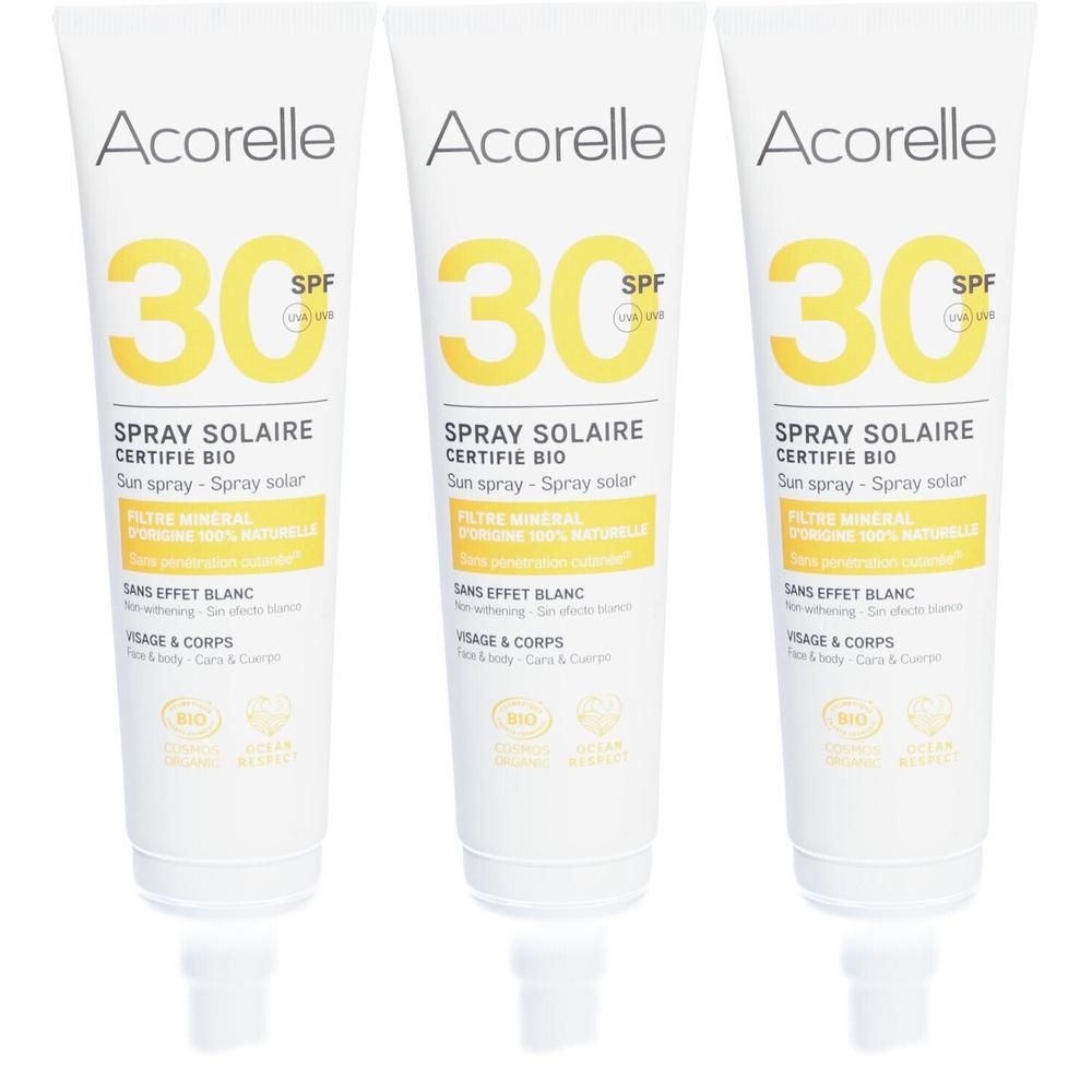 Drei weiße Tuben mit Acorelle Sonnenschutz SPF 30, Spray Solaire Certifie Bio.