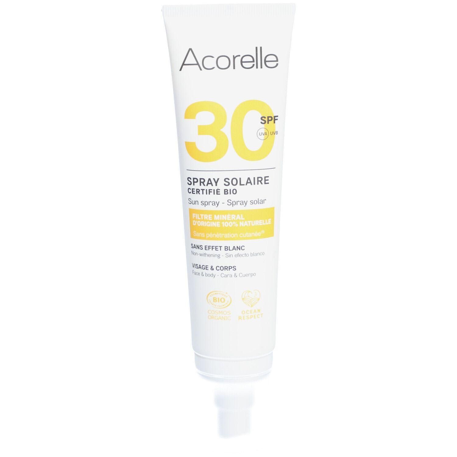Acorelle Sonnencreme SPF 30, Spray, zertifiziert Bio, mineralischer Filter, 100% natürlich.