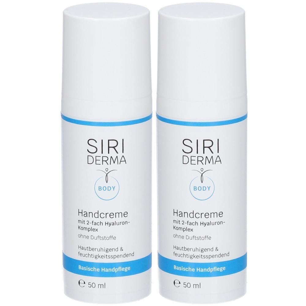Zwei Flaschen SIRI DERMA Handcreme, je 50 ml, mit Hyaluron-Komplex, ohne Duftstoffe.