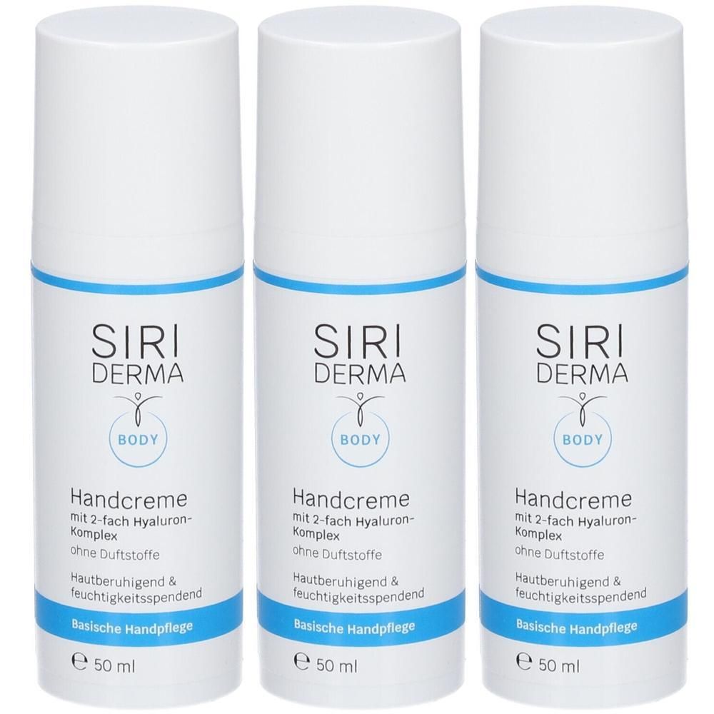 Drei weiße Spenderflaschen SIRI DERMA Handcreme, je 50 ml, mit blauen Akzenten und Text.
