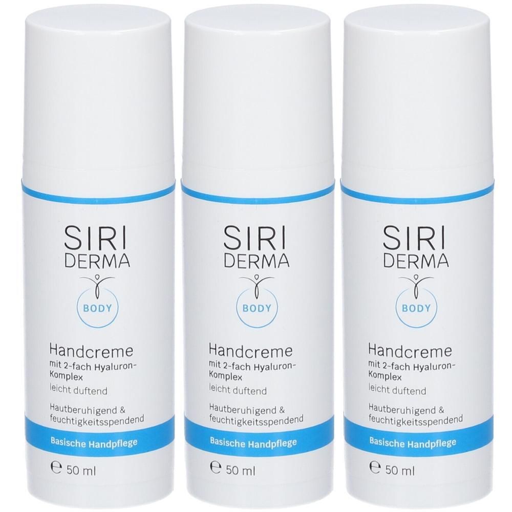 Drei weiße Flaschen SIRI DERMA Handcreme mit blauem Etikett, 50 ml.