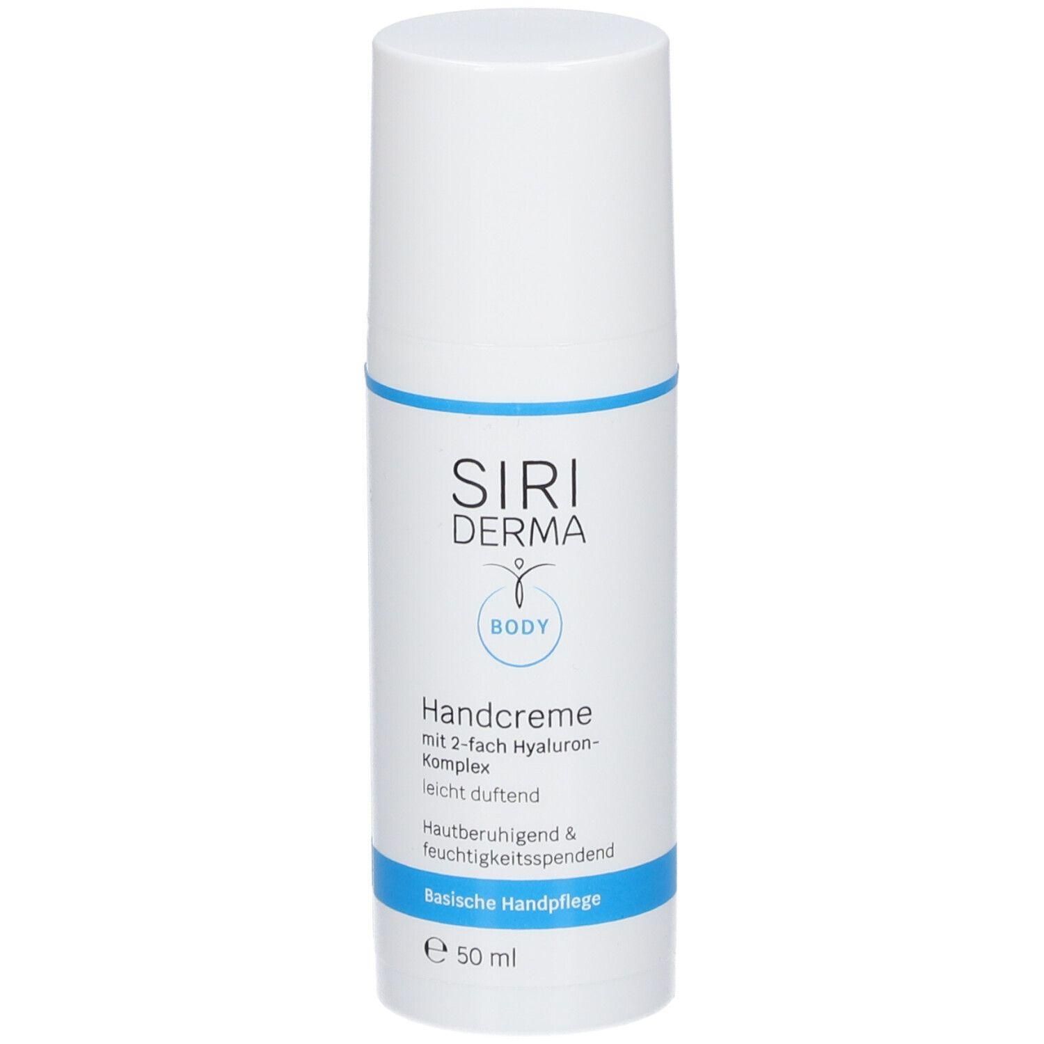 Weiße Flasche mit SIRI DERMA Handcreme, 50 ml.