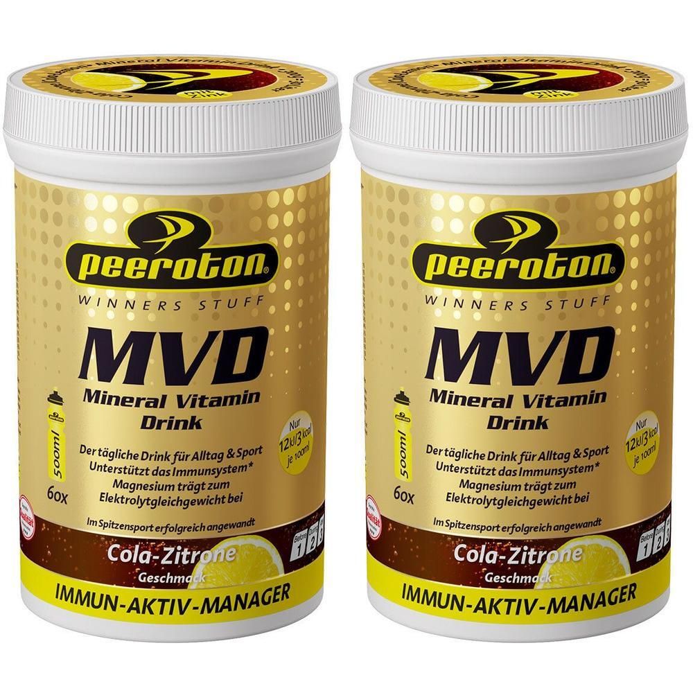 Zwei Dosen Peeroton MVD Mineral Vitamin Drink Cola-Zitrone. Goldene Verpackung mit schwarzen und gelben Akzenten.