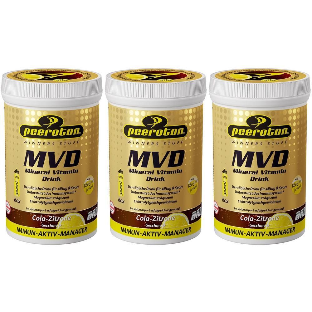 Drei Dosen Peeroton MVD Mineral Vitamin Drink Cola-Zitrone mit gelbem Etikett und Aufschrift.