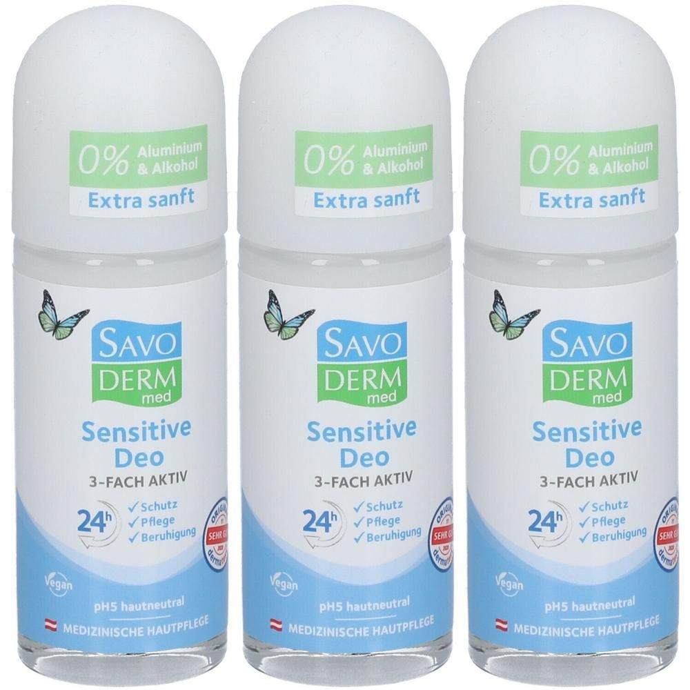 Drei SAVODERM med Sensitive Deo Roll-ons, 0% Aluminium & Alkohol, Extra sanft.