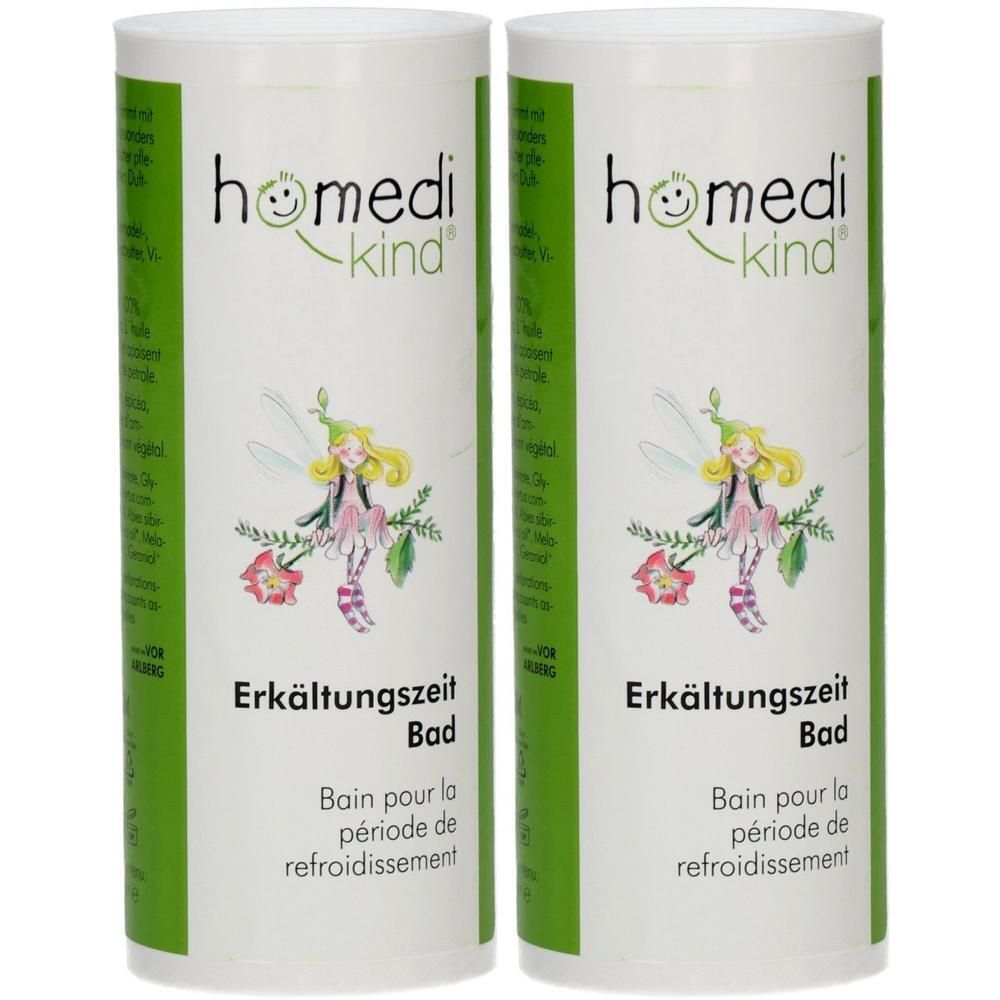 Zwei Tuben homedi-kind® Erkältungszeit Bad mit Feenmotiv. Beschriftung in Deutsch und Französisch.