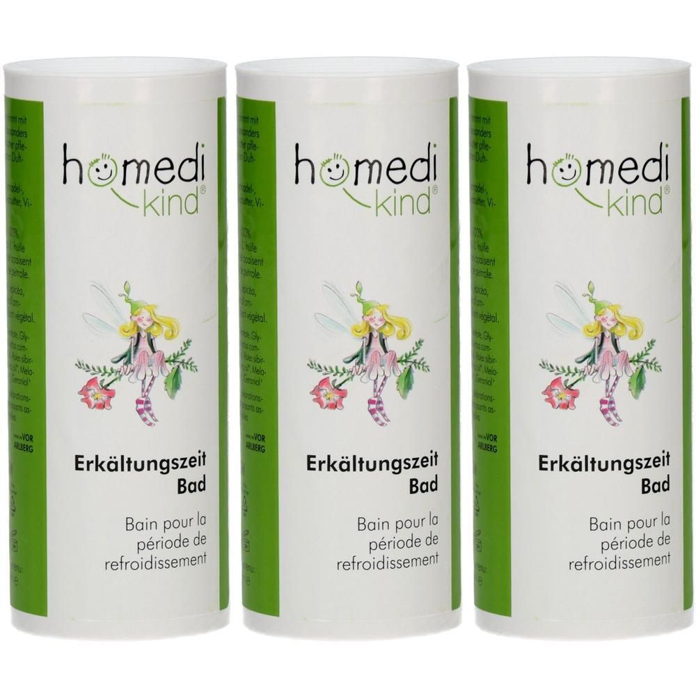 Drei Tuben homedi-kind® Erkältungszeit Bad mit Elfenmotiv und Blüten.