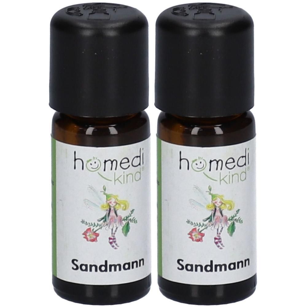 Zwei kleine braune Glasflaschen mit schwarzen Schraubverschlüssen. Etiketten zeigen "homedi-kind" und "Sandmann".
