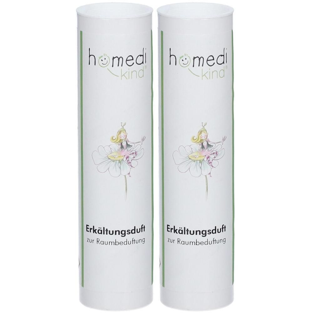 Zwei weiße Röhren mit der Aufschrift 'homedi kind' und einer Zeichnung einer Ballerina auf einer Blume. 'Erkältungsduft zur Raumbeduftung'.