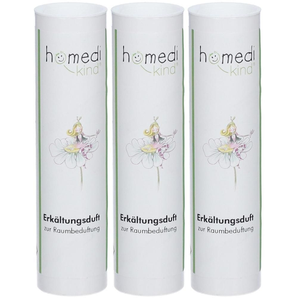 Drei Tuben mit Erkältungsduft zur Raumbeduftung, mit Aufdruck eines Mädchens auf einer Blume.