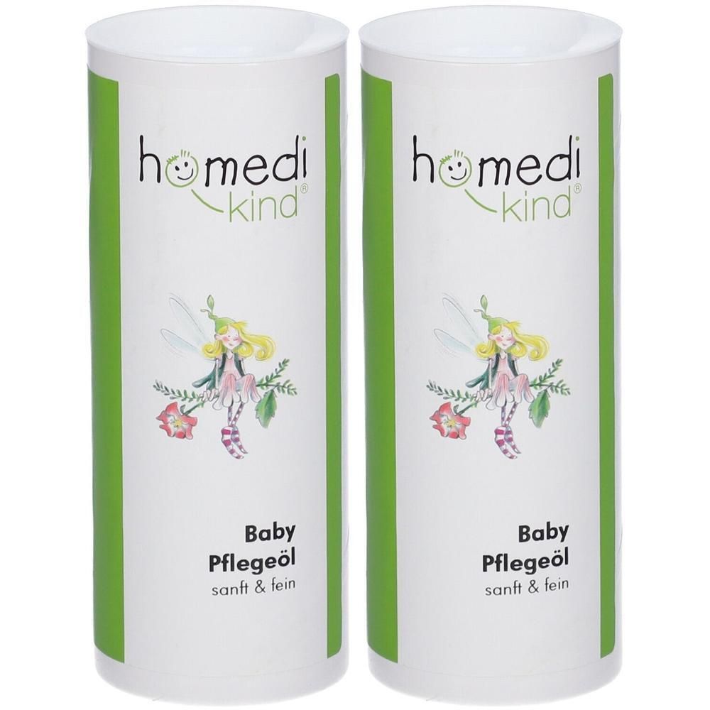 Zwei Behälter mit homedi-kind® Baby Pflegeöl, illustriert mit einer Fee und Blumen.