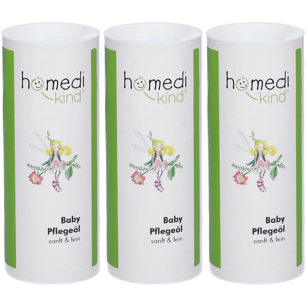 Drei Behälter homedi-kind Baby Pflegeöl mit Feenmotiv und Aufschrift 'sanft & fein'.