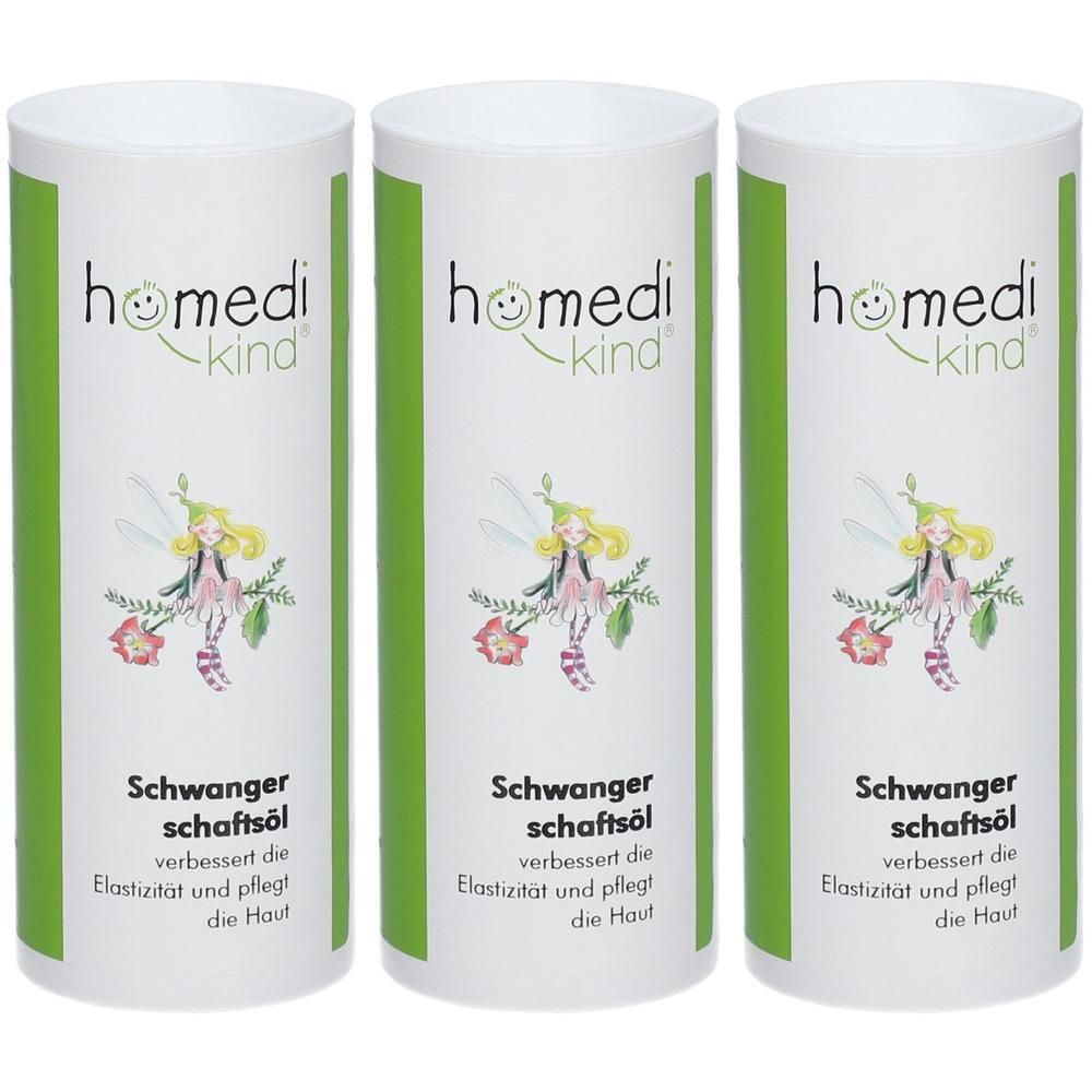 Drei Behälter homedi-kind® Schwangerschaftsöl mit Elfenmotiv und Text.