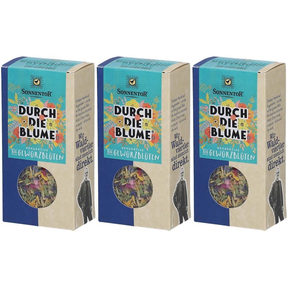Drei Schachteln SonnentoR® Durch die Blume® Gewürzmischung mit floralem Design und Fenster.