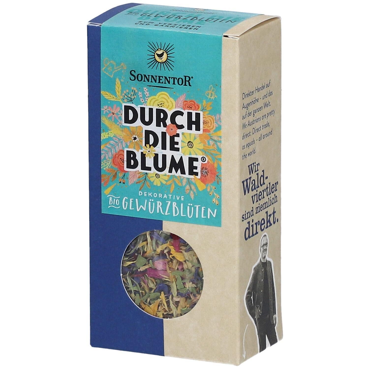 SonnenTor Bio Gewürzblüten, dekorativ. Kartonverpackung mit Sichtfenster.