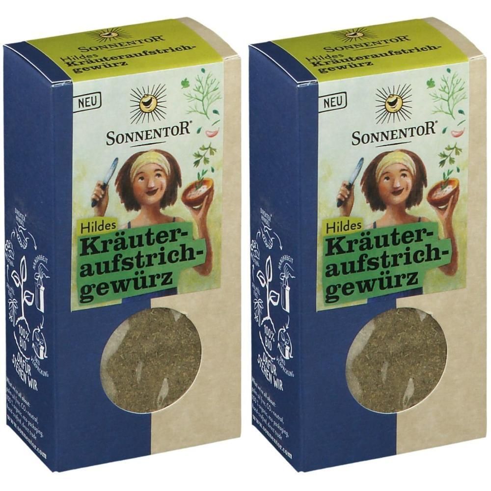 Zwei Packungen SonnentoR Hildes Kräuteraufstrichgewürz mit Sichtfenster.
