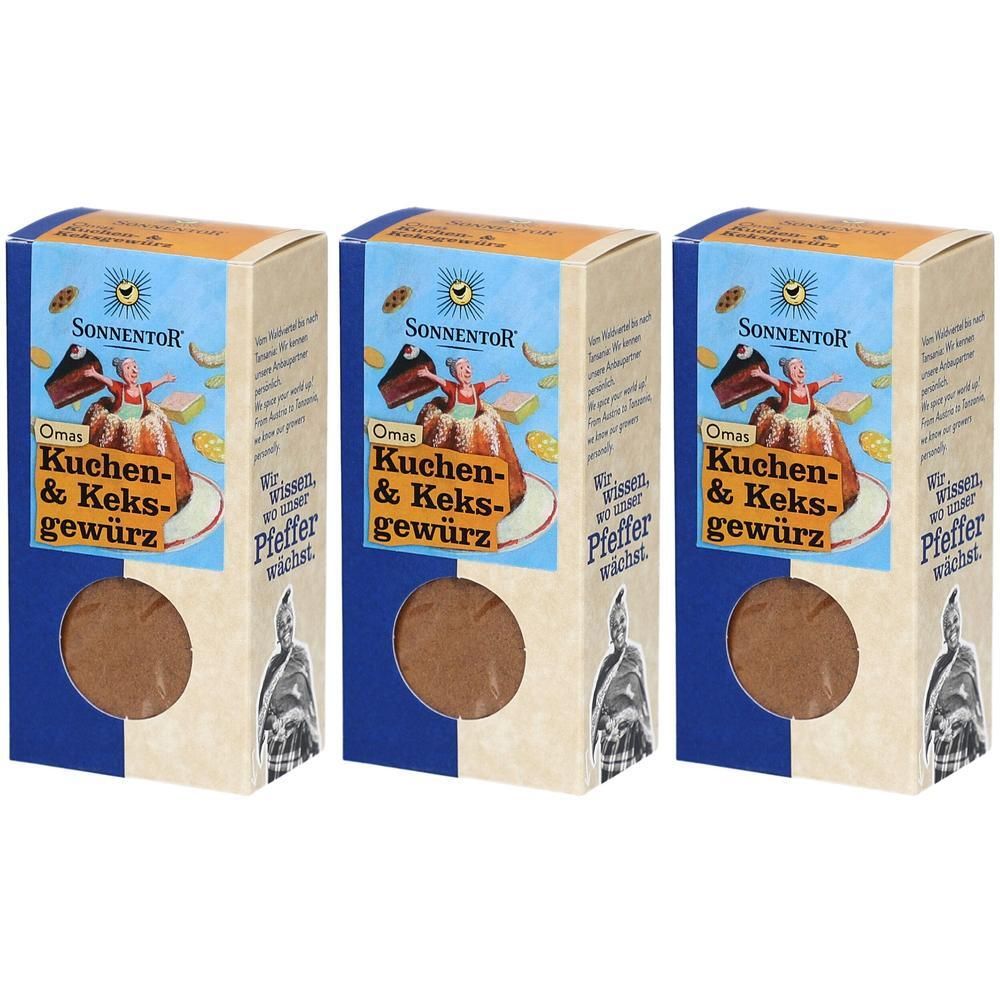 Drei Packungen SonnentoR Omas Kuchen- & Keks-Gewürz mit Sichtfenster.