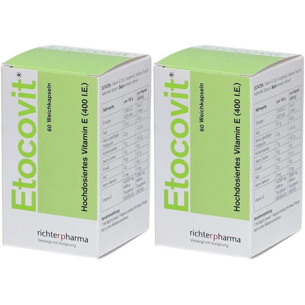 Zwei Packungen Etocovit® hochdosiertes Vitamin E (400 I.E.) Weichkapseln von richter pharma.