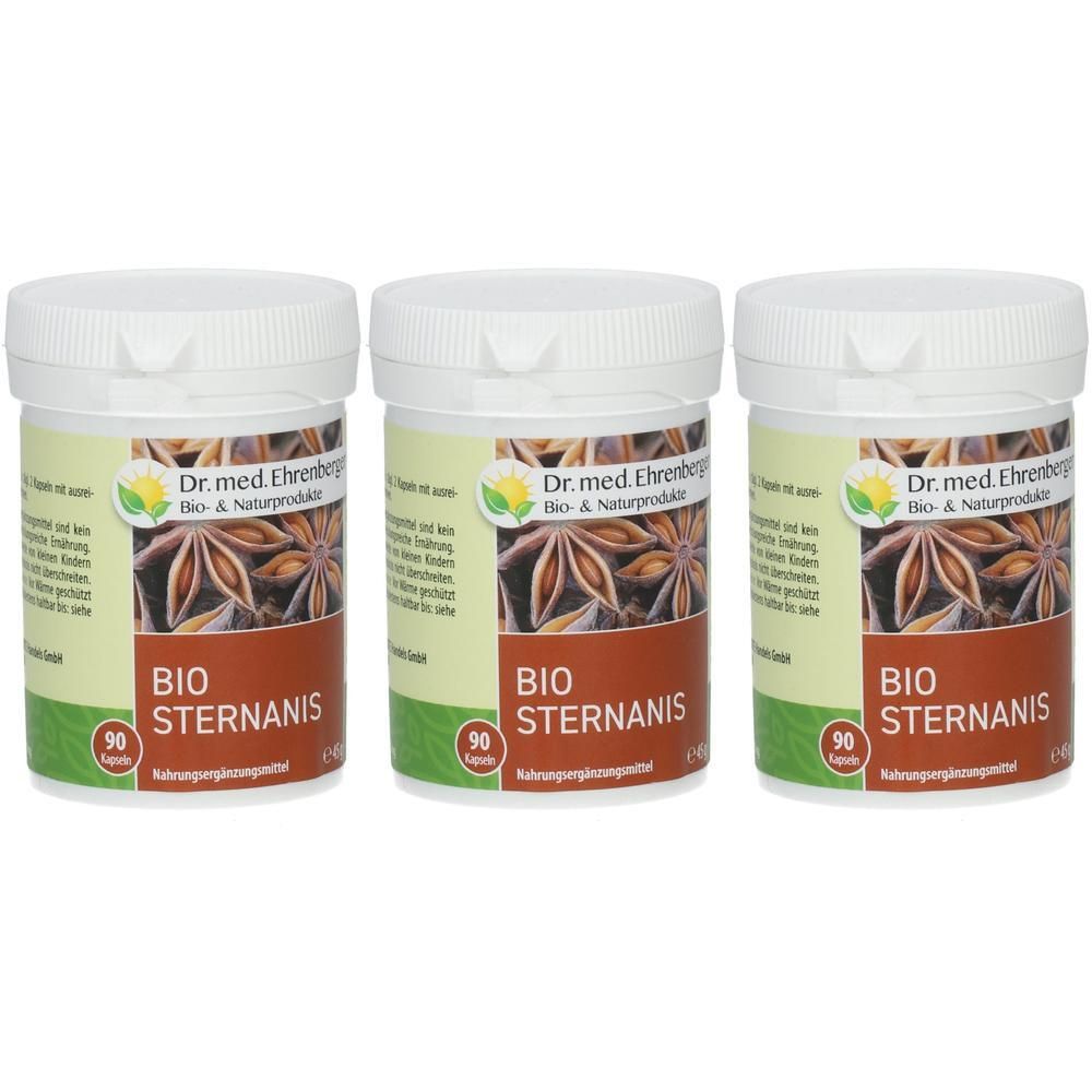 Drei Dosen BIO STERNANIS mit jeweils 90 Kapseln. Dr. med. Ehrenberg Bio- & Naturprodukte.