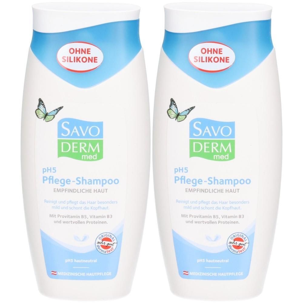 Zwei Flaschen SAVODERM med pH5 Pflege-Shampoo für empfindliche Haut, ohne Silikone.