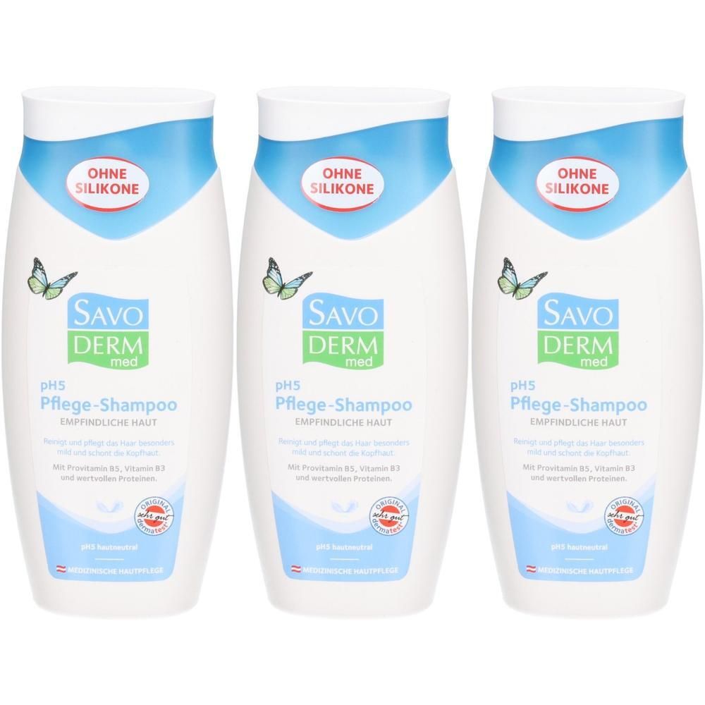 Drei Flaschen SAVODERM med pH5 Pflege-Shampoo für empfindliche Haut, ohne Silikone.