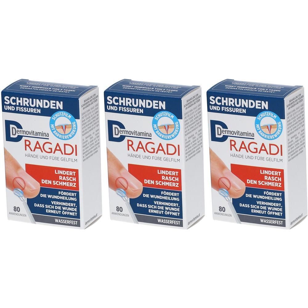 Drei Packungen Dermovitamina Ragadi Hand- und Fußgel-Film. Für rissige Haut.