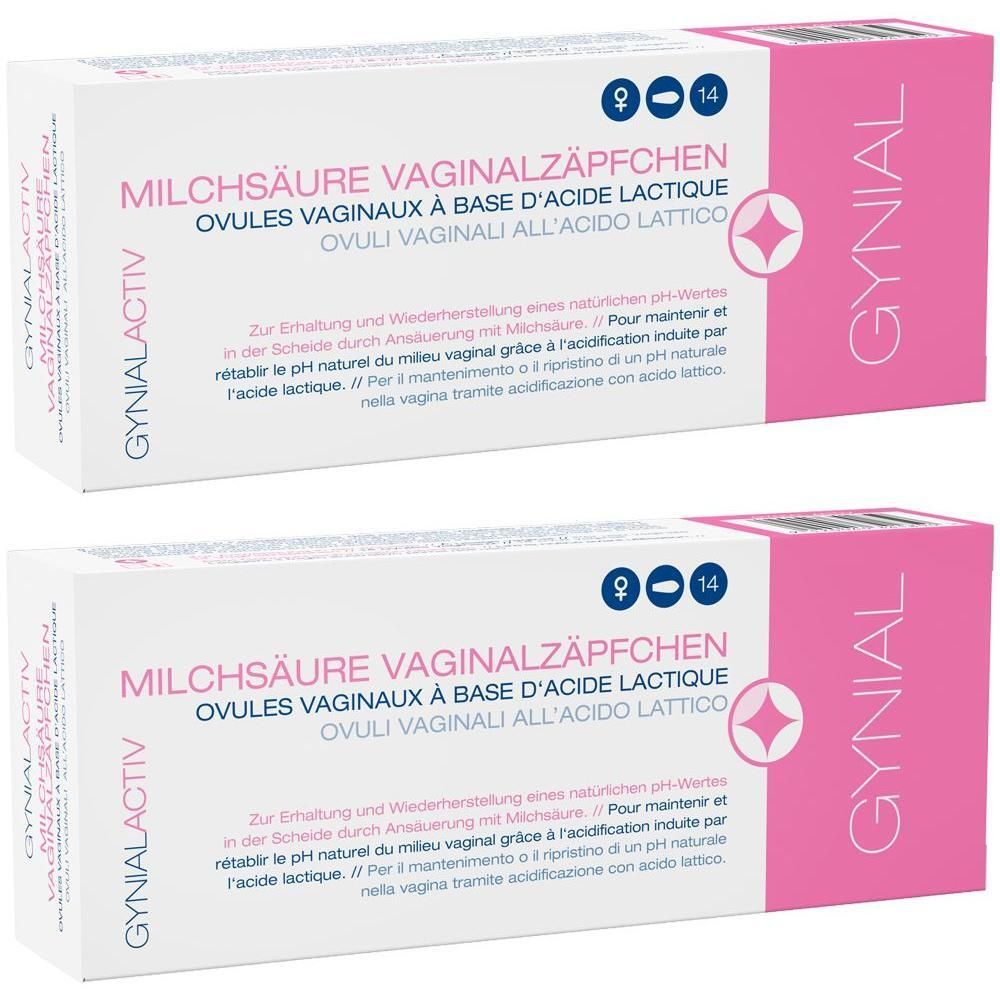 Zwei Packungen GynialActiv Milchsäure Vaginalzäpfchen, Ovules vaginaux à base d'acide lactique.