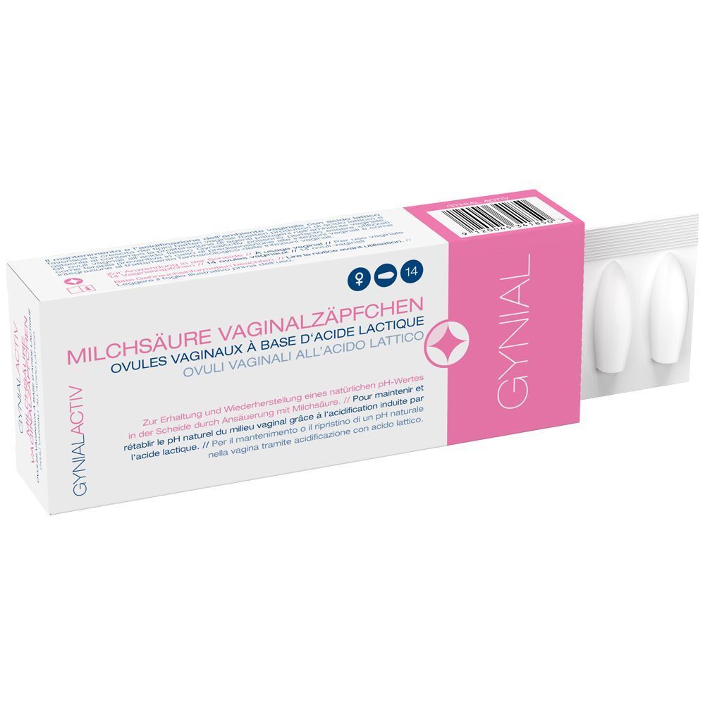 GynialActiv Milchsäure Vaginalzäpfchen Packung mit zwei sichtbaren Vaginalzäpfchen in Blisterpackung.