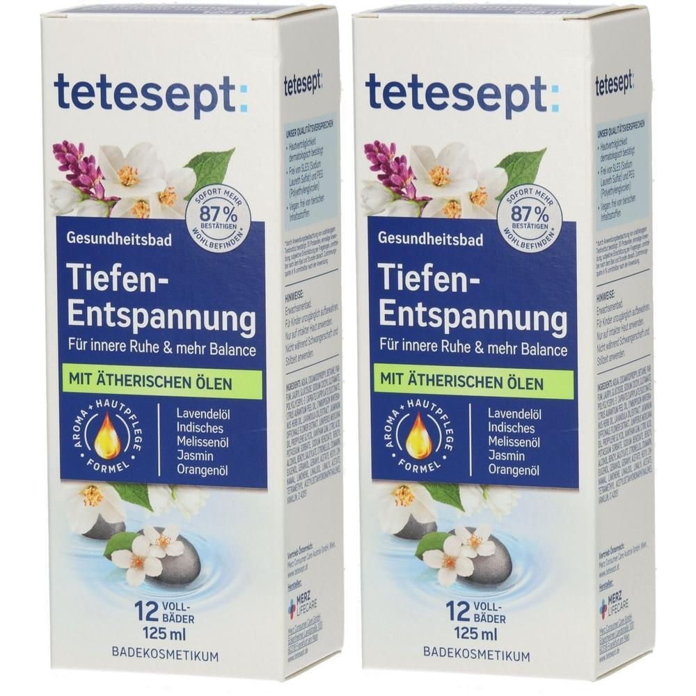 Zwei Packungen tetesept Tiefen-Entspannung mit ätherischen Ölen, 12 Bäder je 125 ml.