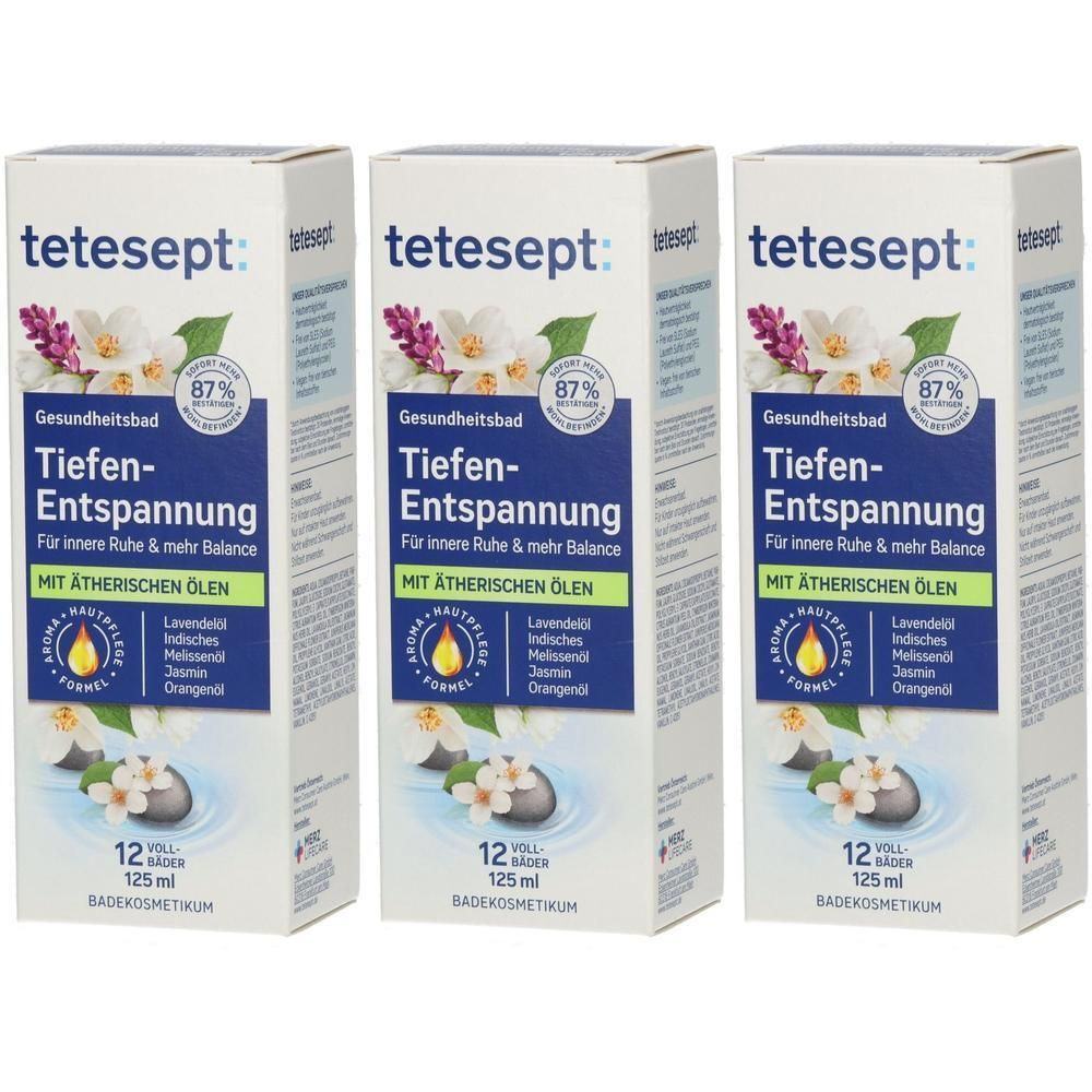 Drei Packungen tetesept Tiefen-Entspannung Badesalz mit ätherischen Ölen, 125 ml.