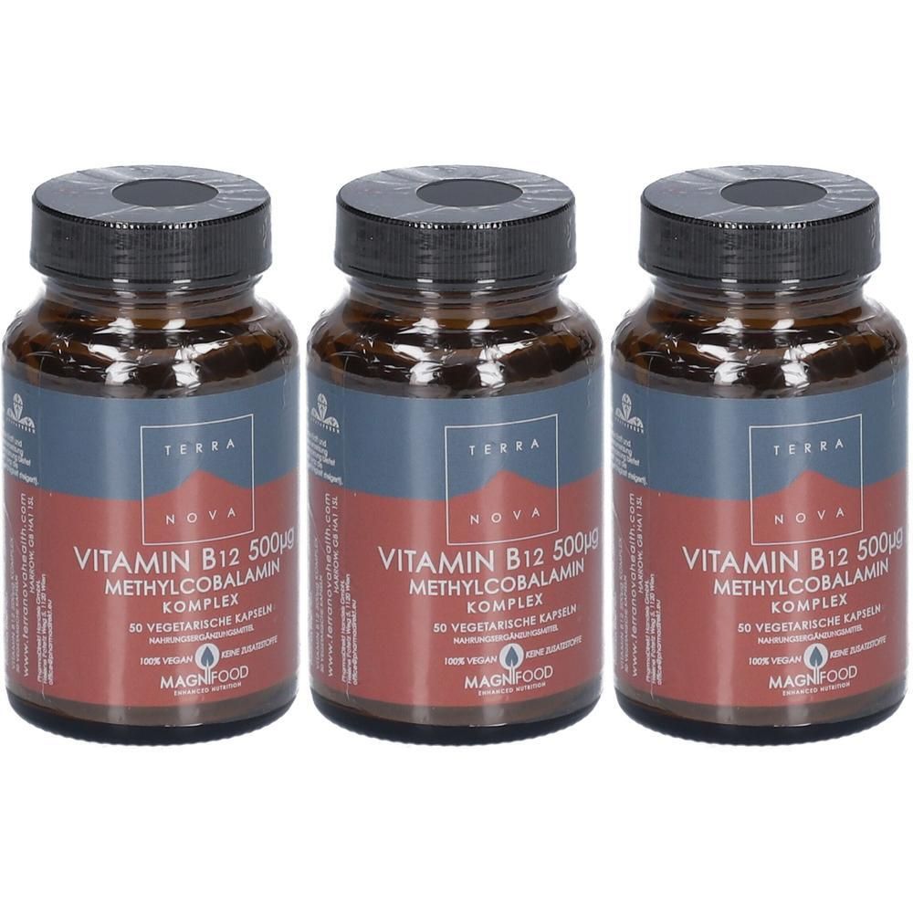 Drei Flaschen TERRANOVA Vitamin B12 500 µg Methylcobalamin Komplex, 50 vegetarische Kapseln pro Flasche.