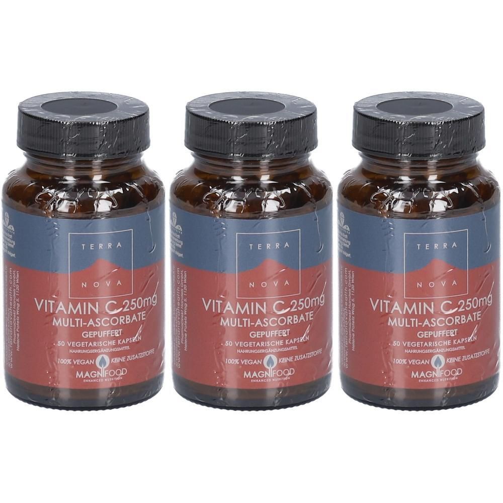 Drei Flaschen TERRANOVA Vitamin C 250mg Multi-Ascorbat, vegan, mit 30 vegetarischen Kapseln.