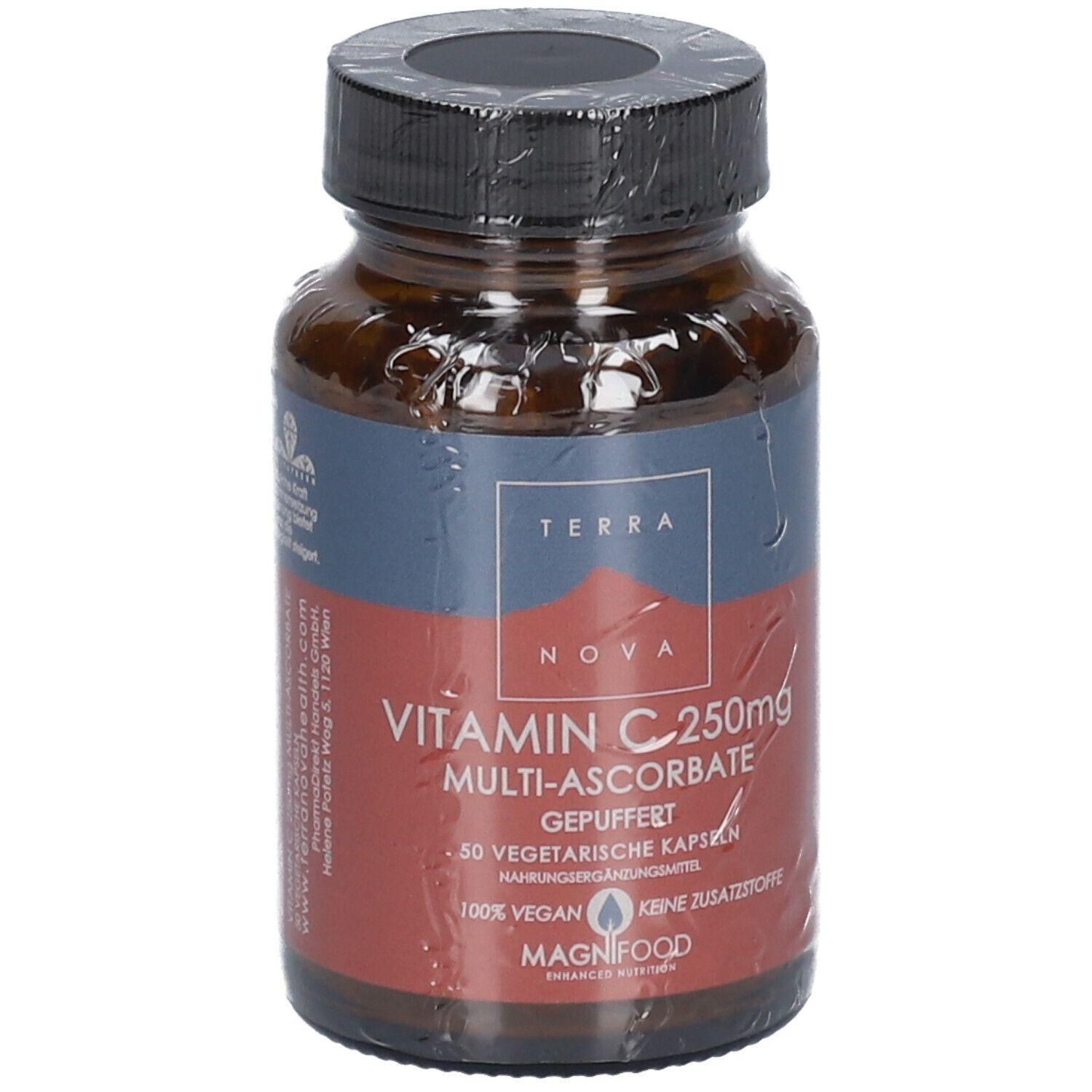 Braune Glasflasche mit schwarzem Deckel, enthält TERRANOVA Vitamin C 250mg Multi-Ascorbat Kapseln.