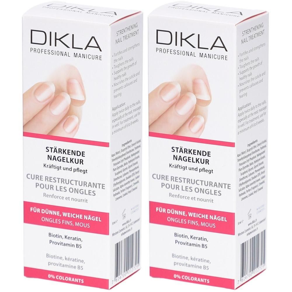 Zwei Schachteln DIKLA Stärkende Nagelkur für dünne, weiche Nägel. Enthält Biotin, Keratin, Provitamin B5.