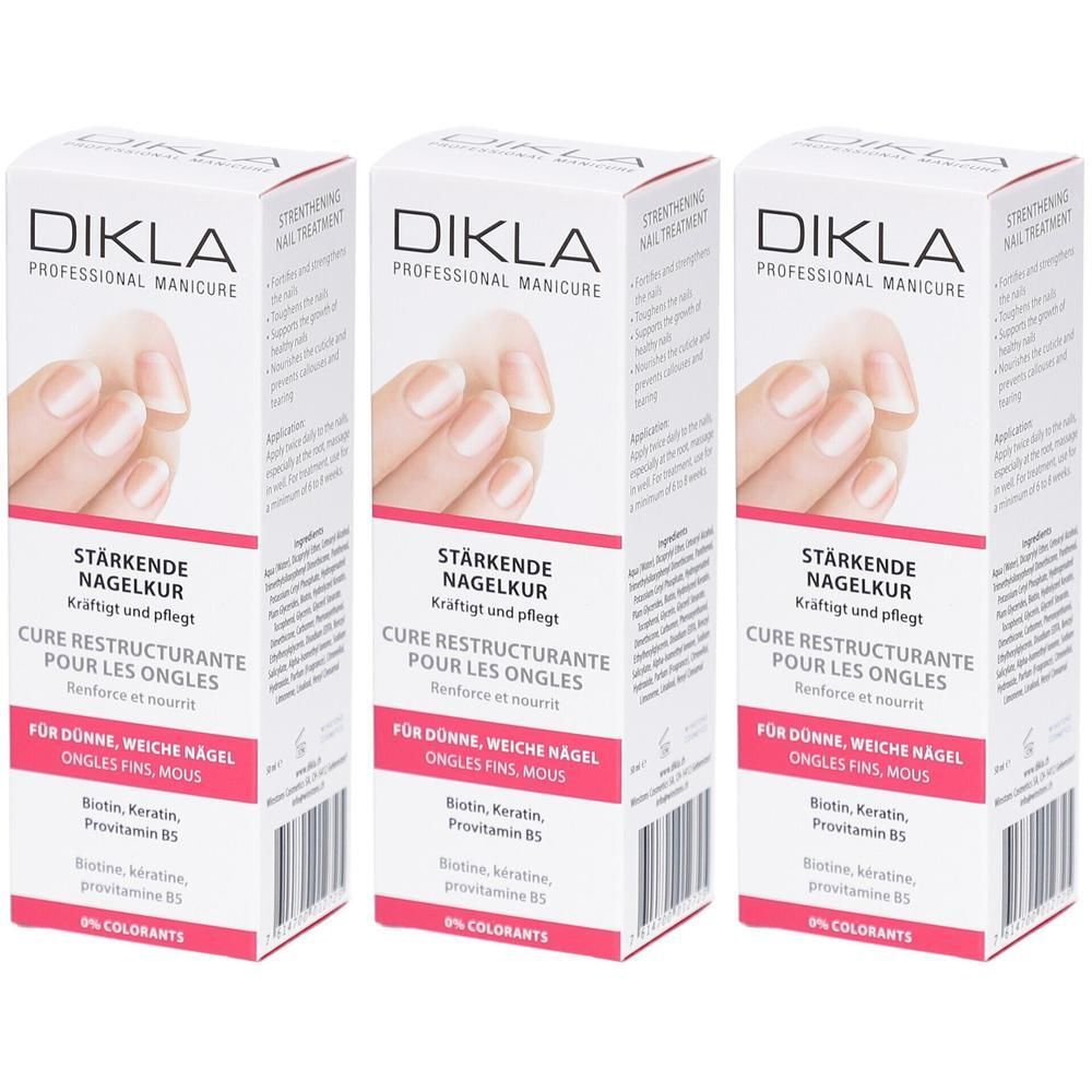 Drei Schachteln DIKLA Stärkende Nagelkur mit Abbildung gepflegter Nägel. Enthält Biotin, Keratin, Provitamin B5.