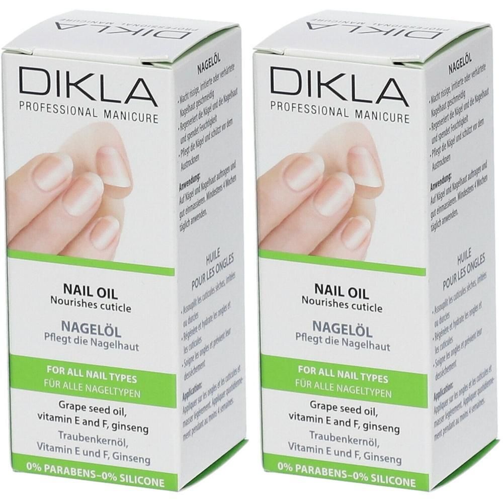Zwei Schachteln DIKLA Nagelöl mit Abbildung gepflegter Nägel. Enthält Traubenkernöl, Vitamin E und Ginseng.