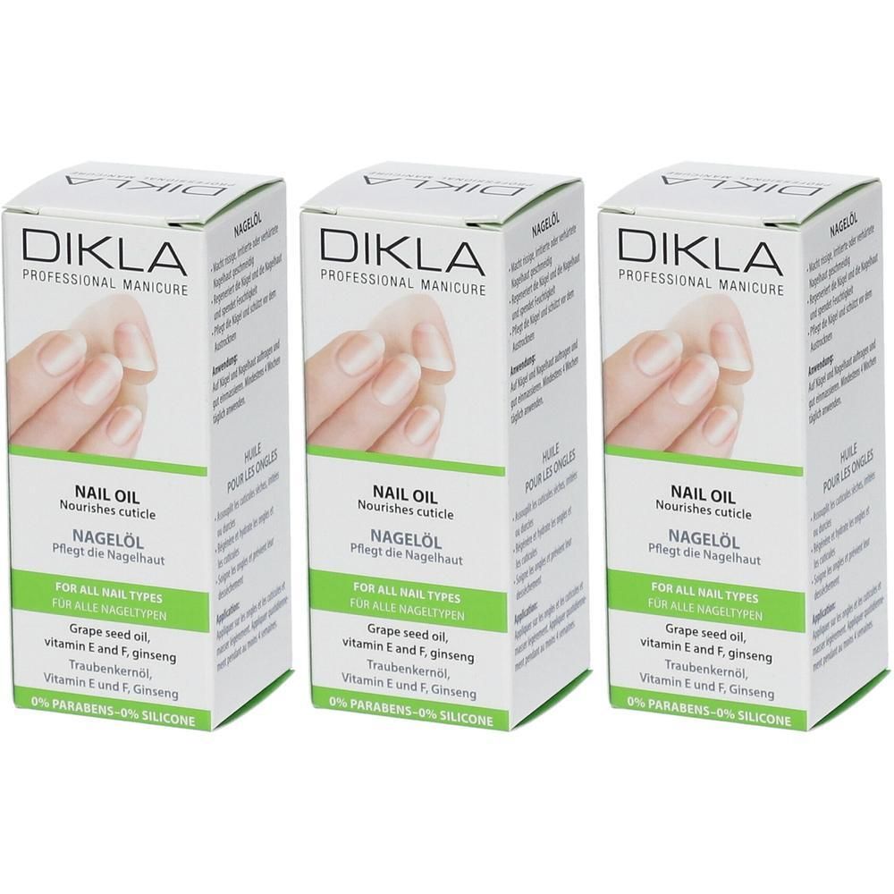 Drei Schachteln DIKLA Nagelöl mit Abbildung gepflegter Nägel. Enthält Traubenkernöl, Vitamin E und F. Ginseng.