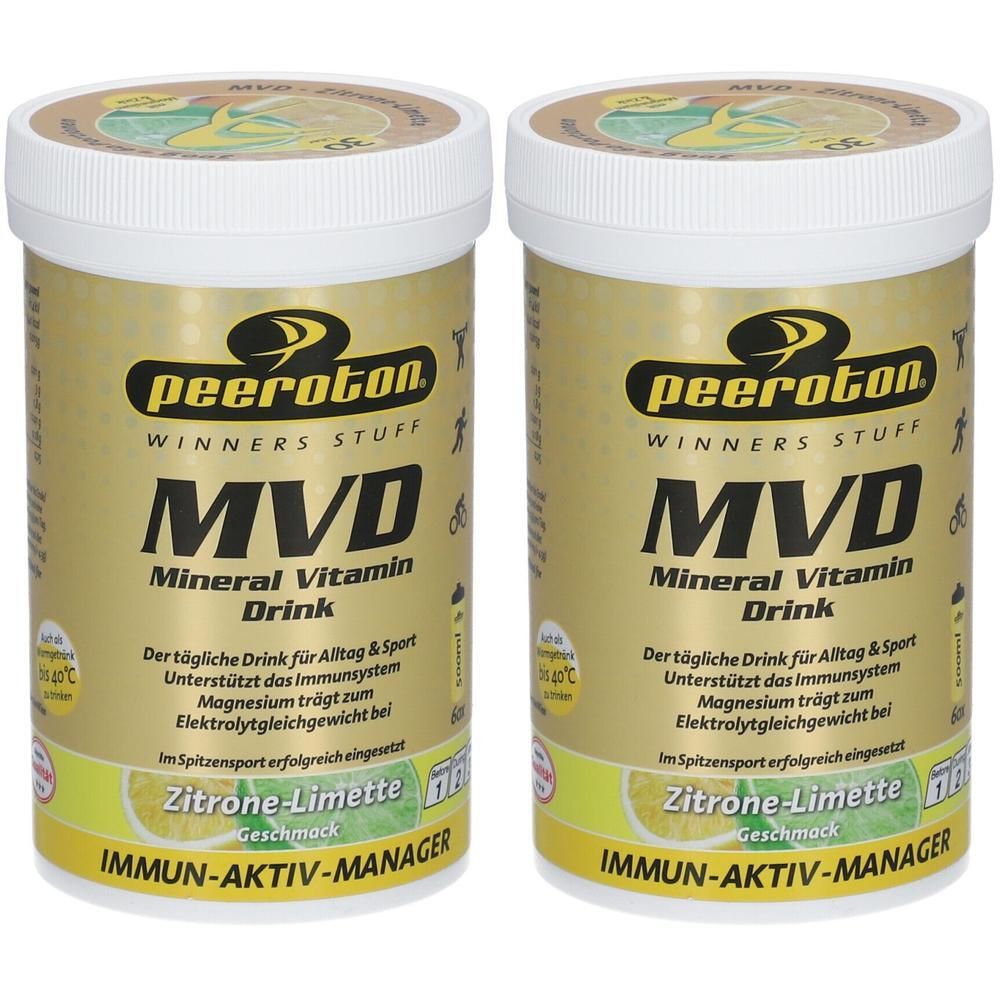 Zwei Dosen peeroton MVD Mineral Vitamin Drink Zitrone-Limette. Pulver zur Zubereitung eines Getränks.