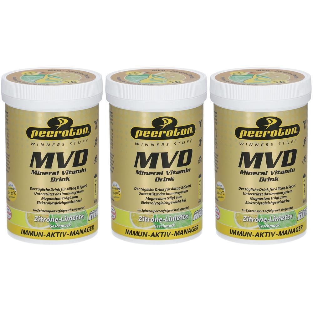 Drei Behälter peeroton® MVD Mineral Vitamin Drink Zitrone-Limette. Goldene Etiketten mit schwarzer Schrift und gelben Akzenten.