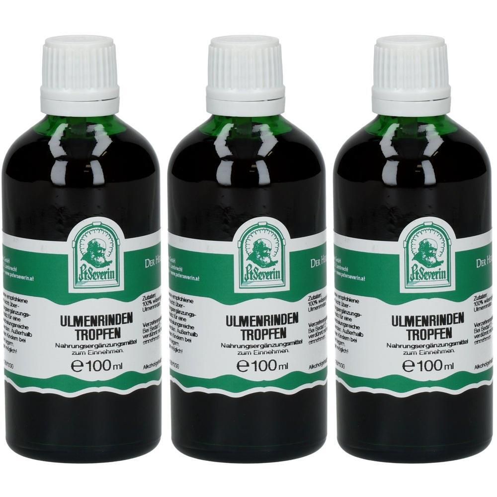 Drei Flaschen Ulmenrinden Tropfen, jede 100ml, mit weißem Schraubverschluss und Etikett.