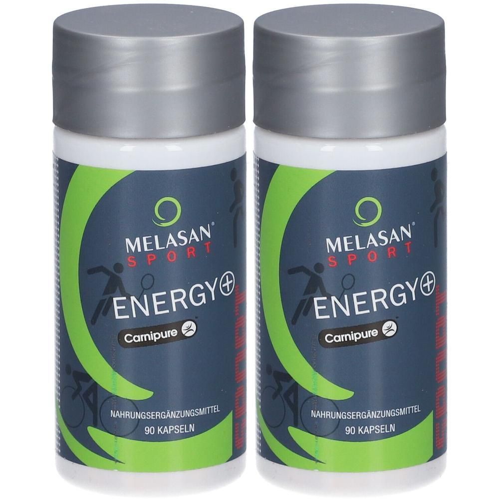 Zwei Dosen MELASAN® Sport ENERGY+ Carnipure Nahrungsergänzungsmittel, je 90 Kapseln.