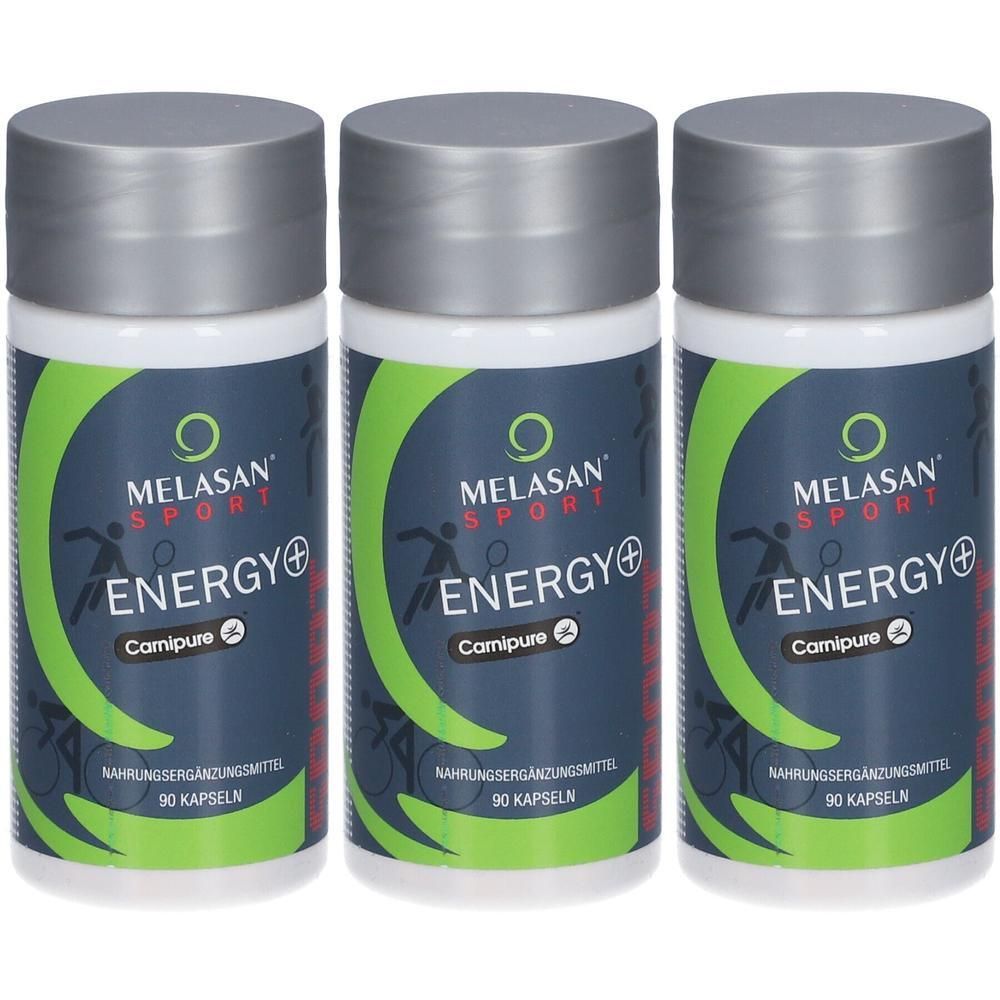 Drei Flaschen MELASAN® Sport ENERGY+ Carnipure, Nahrungsergänzungsmittel, 90 Kapseln pro Flasche.