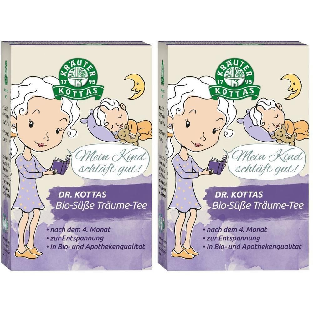 Zwei Packungen Dr. Kottas Bio-Süße Träume-Tee mit Illustrationen von einem Kind und einem schlafenden Baby. Text: Mein Kind schläft gut.