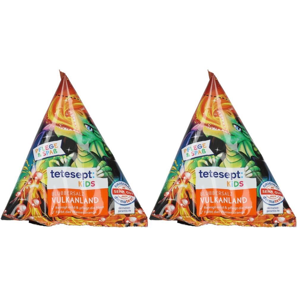 Zwei tetesept Kinder Blubberbäder Vulkanland in Pyramidenform mit Drachenmotiv. Pflege & Spass.