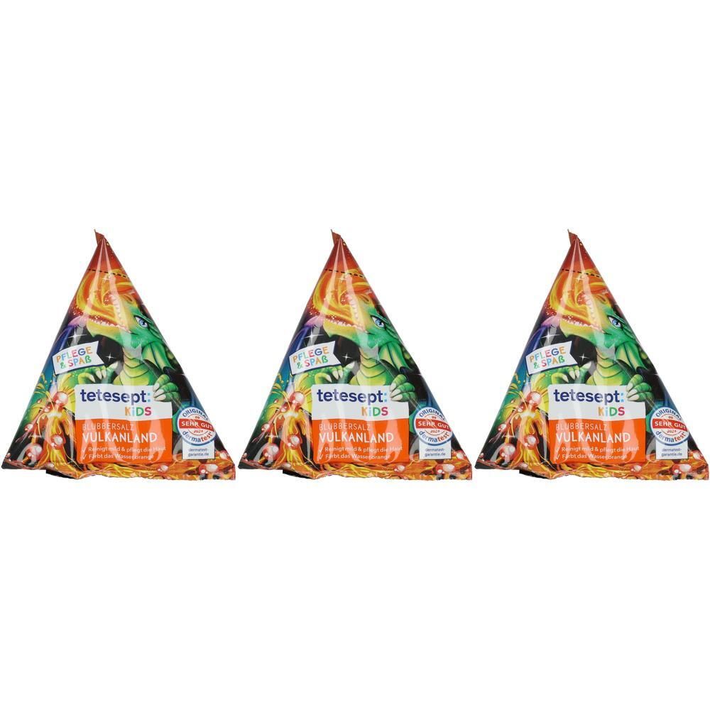 Drei tetesept Kinder Blubberbäder in Vulkanland-Design. Bunte Verpackung mit Dschungel- und Vulkanmotiven.