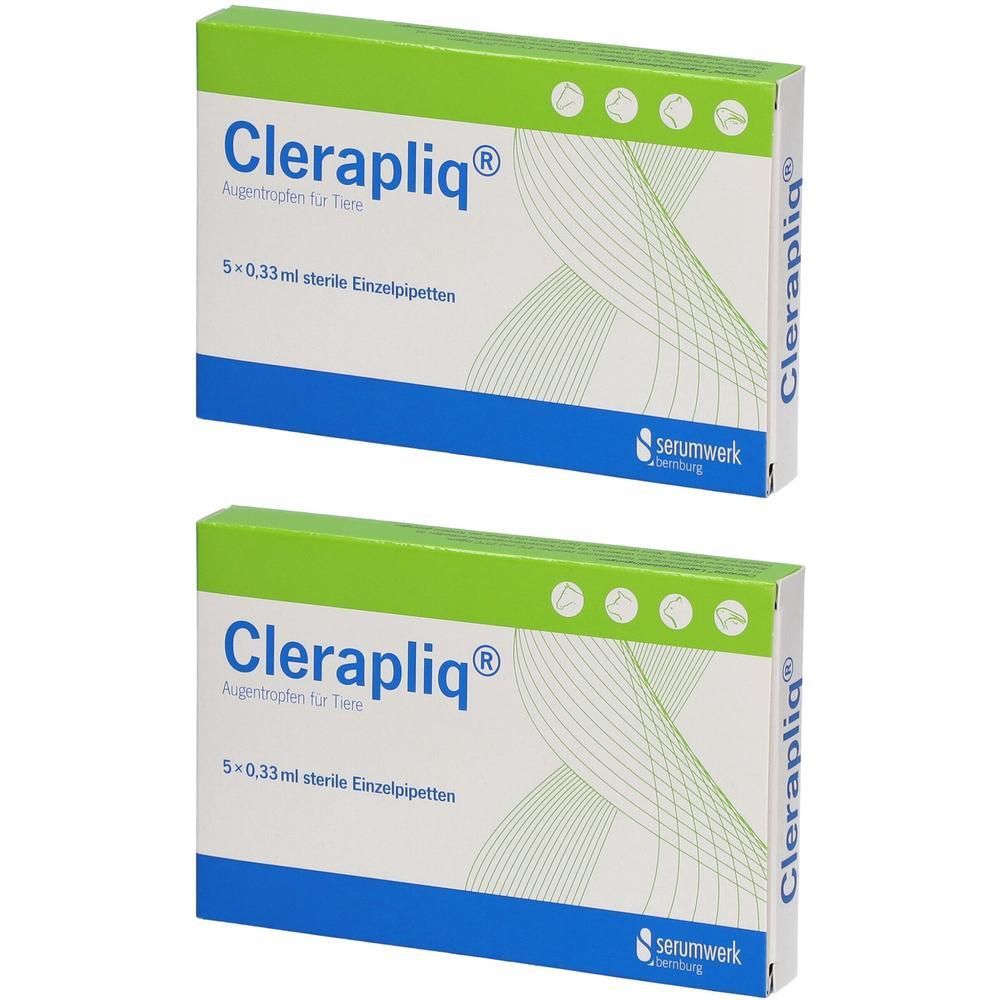 Zwei Packungen Clerapliq Augentropfen für Tiere, jede mit 5x 0,33ml sterilen Einzelpipetten.