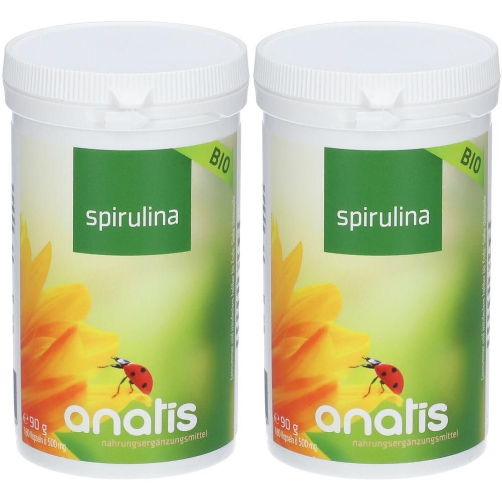 Zwei Dosen Bio Spirulina Pulver von Anatis, jeweils 50g. Vorderseite mit Blüte und Marienkäfer.